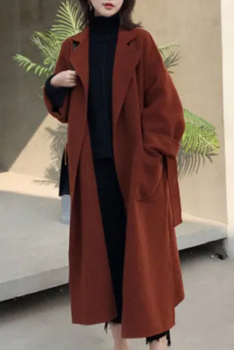 Front Pockets Lapel Faux Woolen Coat