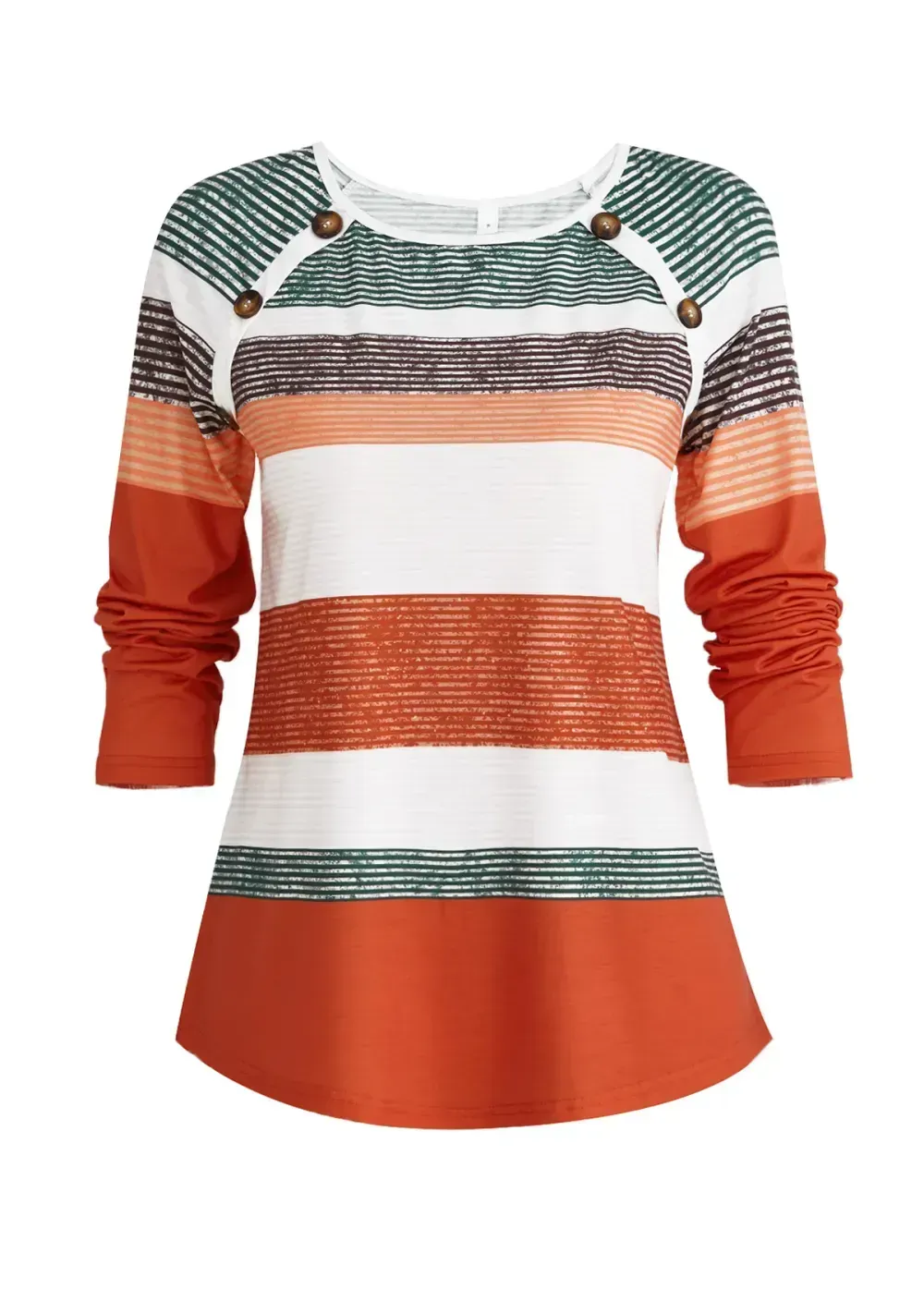 Orange Button Multi Stripe Print T Shirt