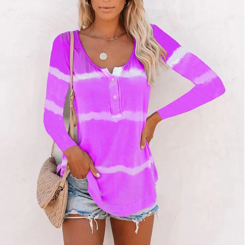 Button Tie Dye Large Size Long Sleeve T-Shirt