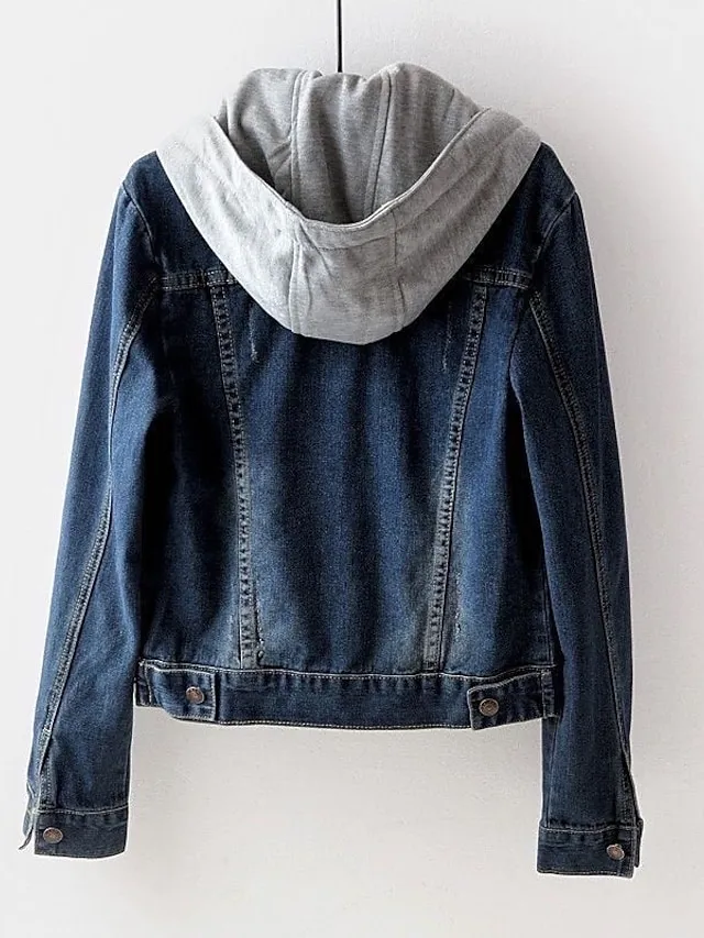 Women's Denim Jacket Fall Hoodie Jacket Warm Breathable Button Pocket Single Breasted Turndown Active Chic & Modern Comfortable Street Style Regular Fit Outdoor Daily Wear Vacation Going out