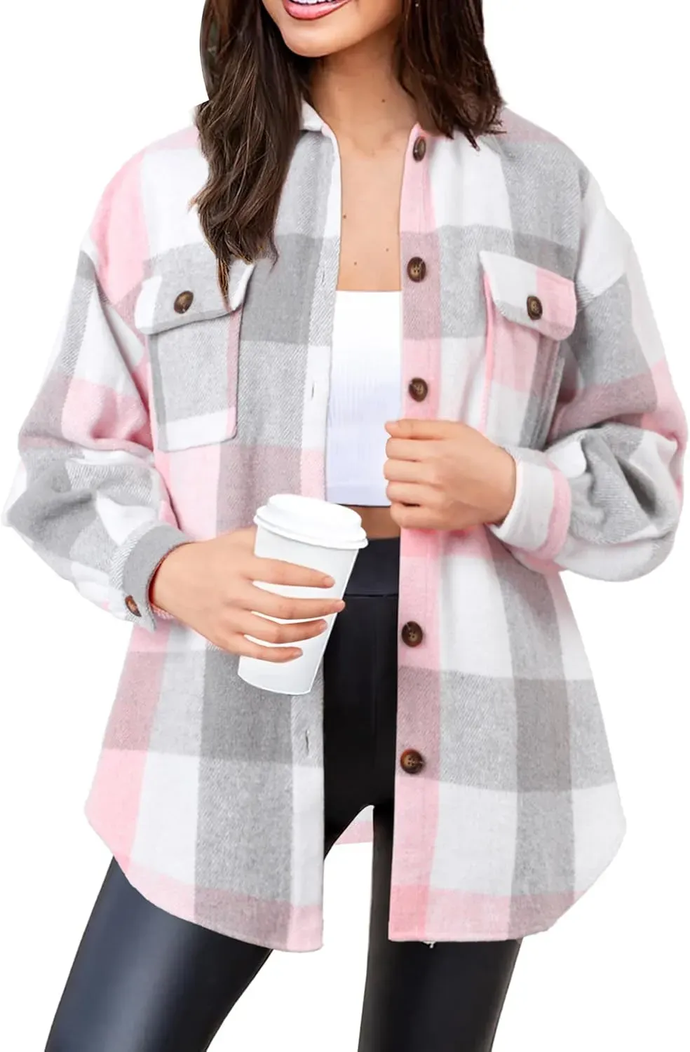Women's Casual Plaid Flannel Shacket Jacket Oversized Button Down Long Sleeve Fall Shirts Jacket Lapel Coats Tops