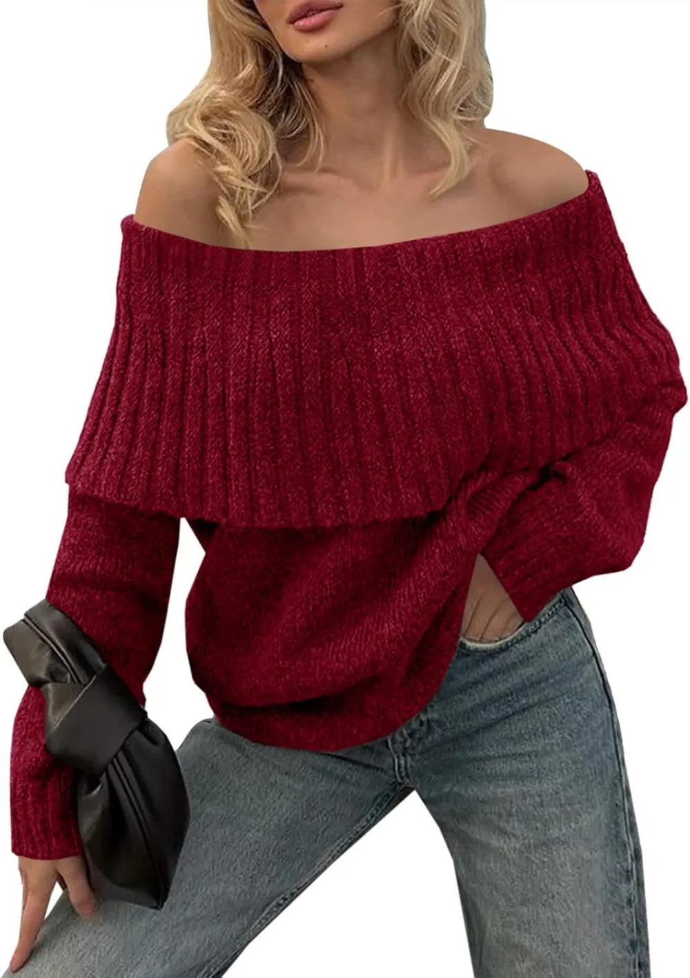 🎄Hot Sale Off The Shoulder Sweaters Long Sleeve Slouchy Knitted Casual Loose Fall Trendy Pullover Tops