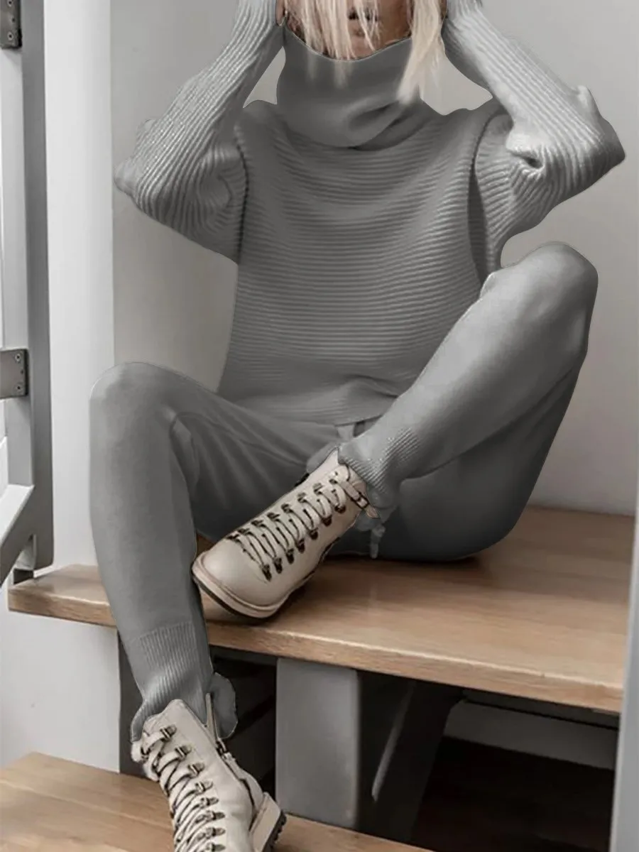 Turtleneck Knitted Two Pieces Pants Suits
