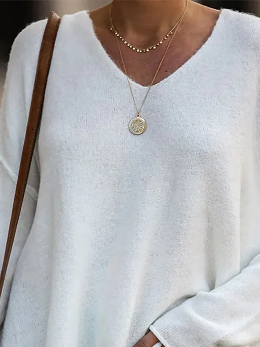 Casual Solid Color V Neck Long Sleeves Loose Sweater