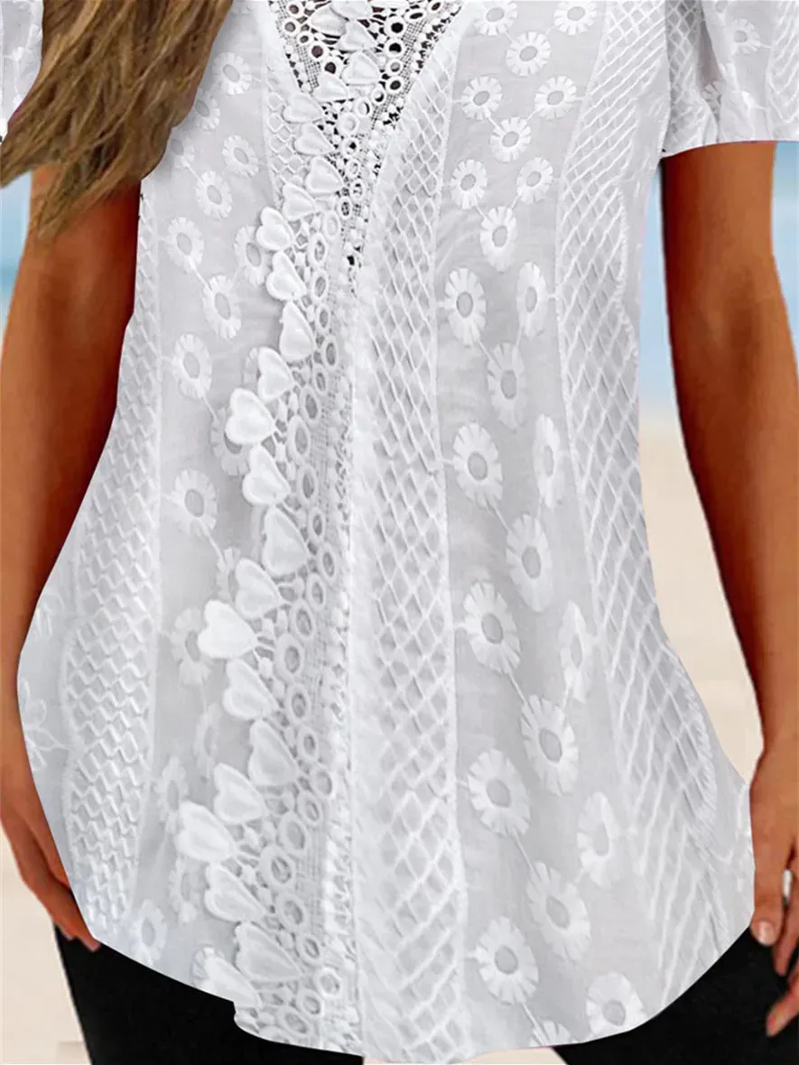 Women's Lace Short Sleeve V-neck Top
