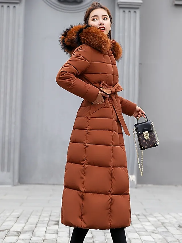 Women's Winter Jacket Puffer Jacket Hoodie Jacket Outdoor Street Daily Winter Fall Long Coat Regular Fit Windproof Warm Sports Streetwear Casual Jacket Long Sleeve Solid Color Rust Red caramel