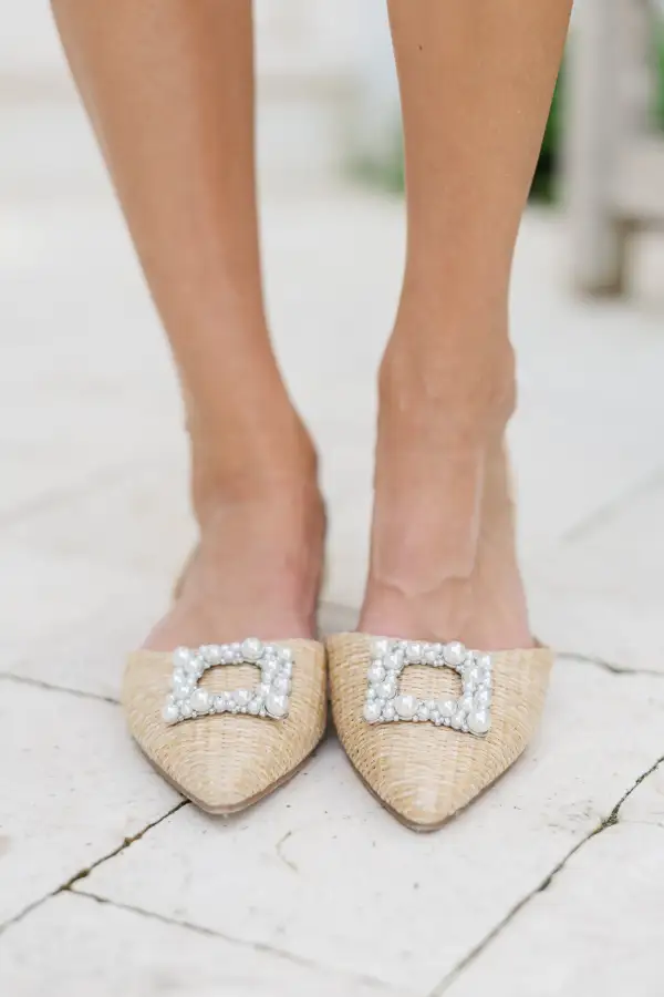 See You There Tan Raffia Pearl Slingback Flats
