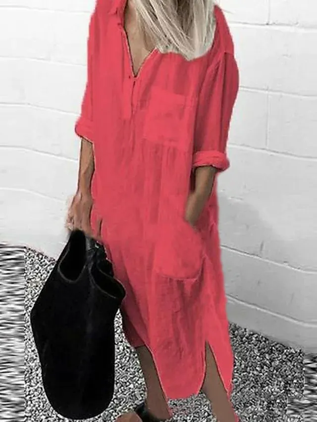Women's Shirt Dress Casual Dress Cotton Linen Swing Long Sleeve V Neck Pocket Basic Loose Midi Summer Spring
