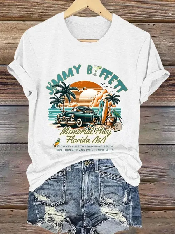 Retro Vacation Palm Trees Memorial Hwy Florida From Key West To Fernandina Beach Three Hundred And Twenty Nine Miles Print T-Shirt