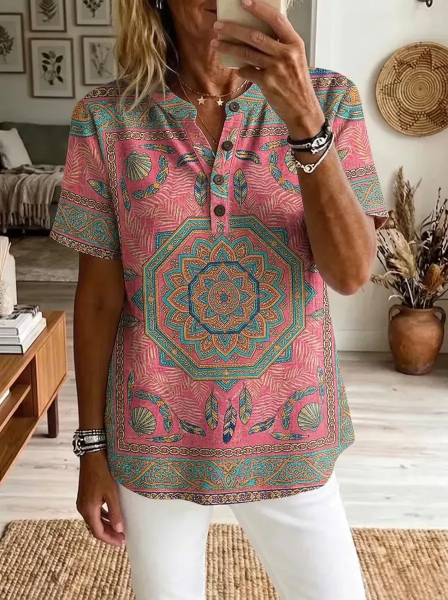 Women's Nashville Boho Mandala Shell Printed Henley Shirt