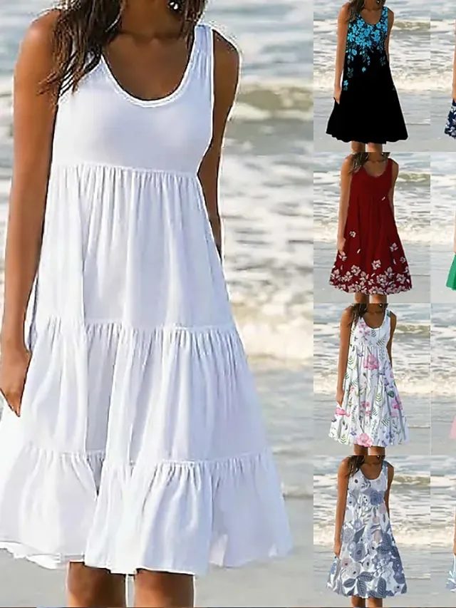 Women's White Dress Sundress Midi Dress Black And White Light Pink Green Sleeveless Pure Color Ruched Spring Summer Crew Neck Basic Boom Sale Dress S M L XL XXL 3XL 4XL 5XL