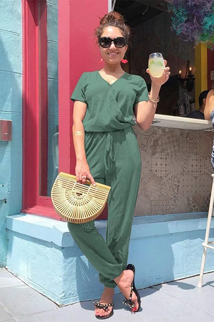 Deep V Neck Wrap Drawstring Waist Jumpsuit