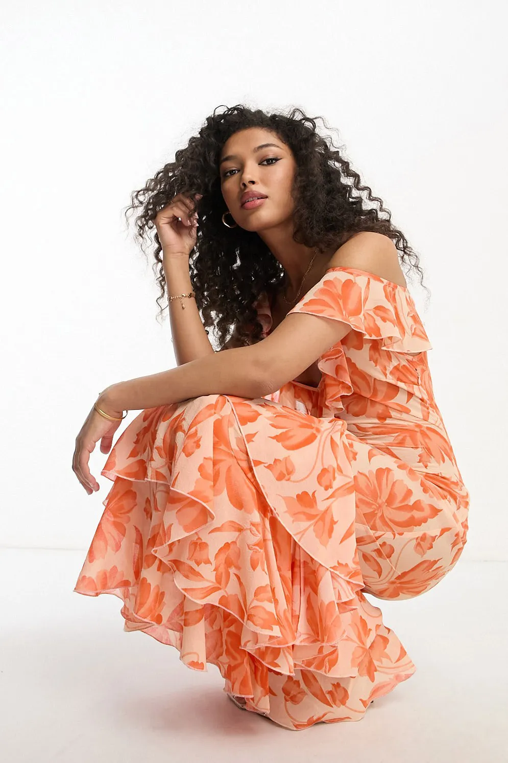Sheer Ruffle Shoulder Asymmetric Hem Maxi Dress-Orange