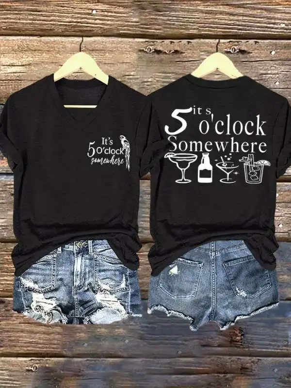 V Neck Retro 5 O'clock Print T-Shirt