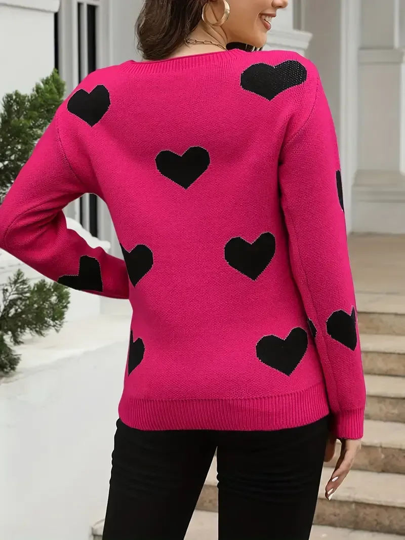 Women'S Heart Pattern Viscose Pullover Sweater, Long Sleeve Crew Neck Knit Top