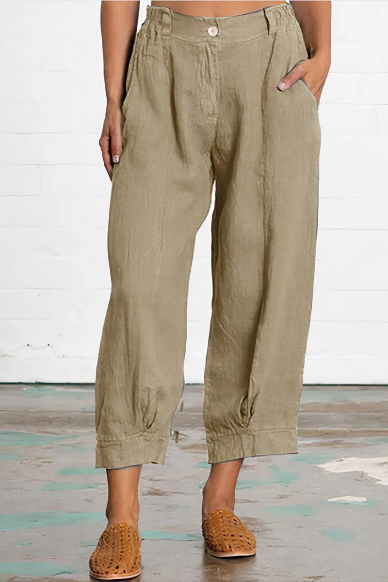 Solid Slant Pocket Elastic Waist Crop Pants