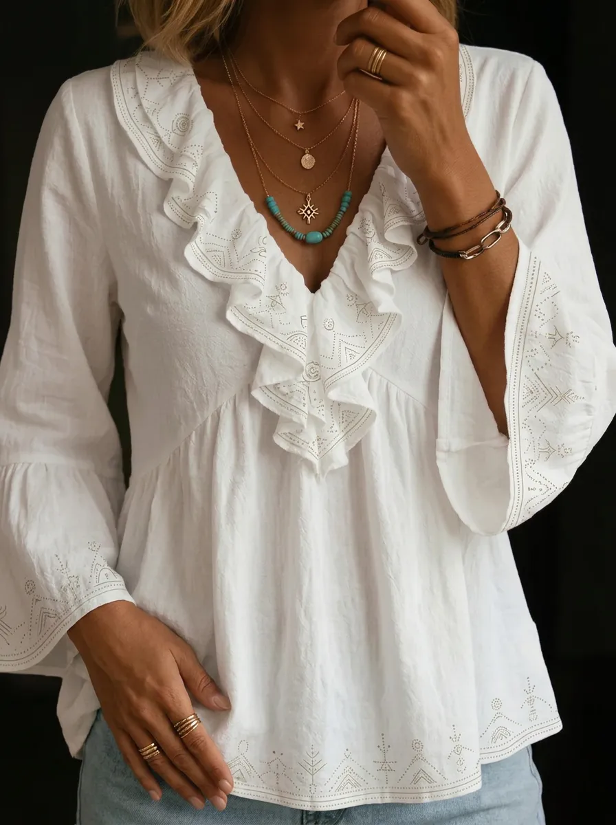 Women's Nashville Country Western Embroidered Ruffle Printed Top