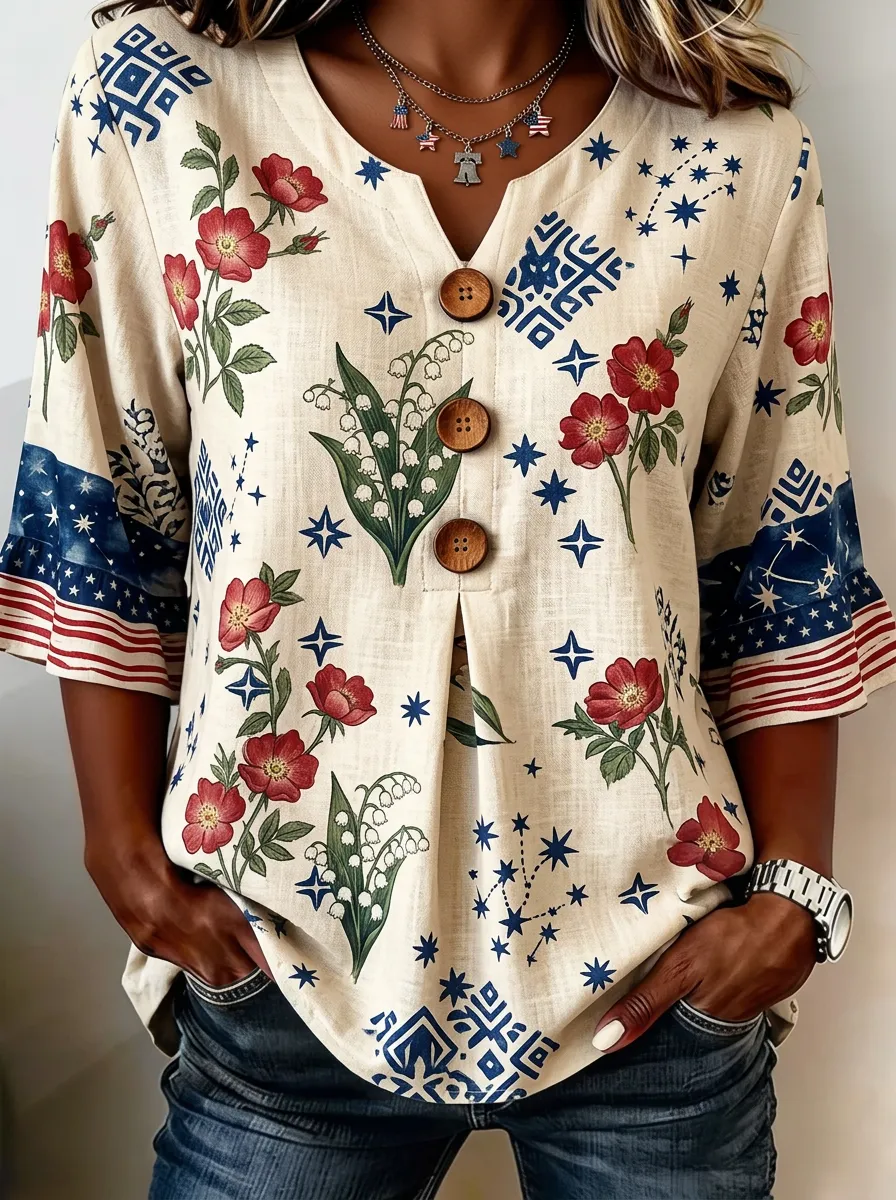 Women's Nashville Floral American Flag Printed V-Neck Top