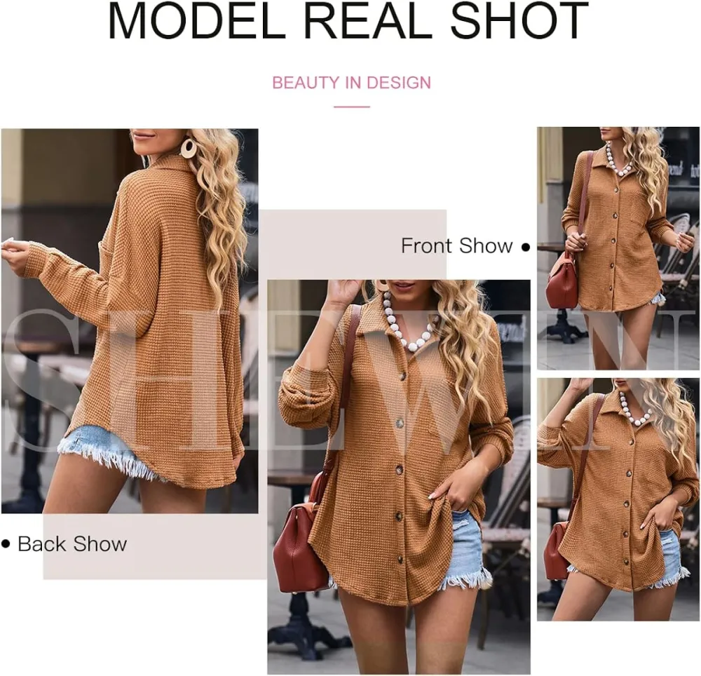 Womens Waffle Knit Button Down Shirts Casual Long Sleeve Shacket Jacket Boyfriend Tops Blouses Loose Fit