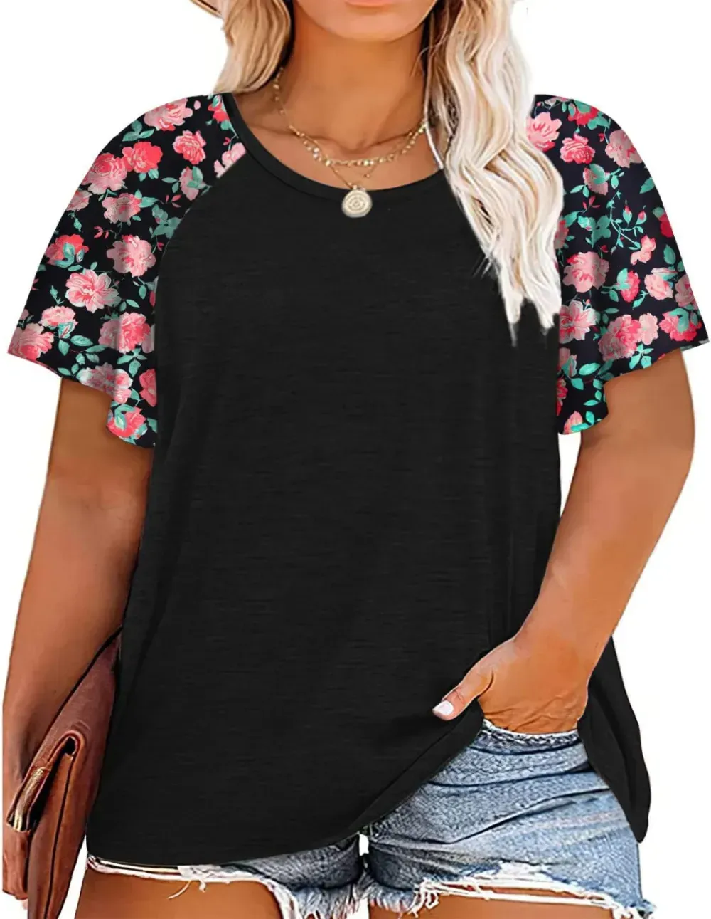 HDLTE Womens Plus Size Tops Floral Bell Sleeves Blouses Summer Crewneck Tunic Loose Casual T Shirts