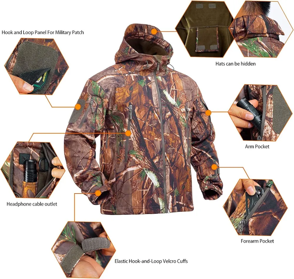 Hunting Jacket for Men Quiet Hunting Camouflage Clothing Hoodie Camo Coat Water-Repellent Windproof