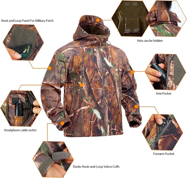 Hunting Jacket for Men Quiet Hunting Camouflage Clothing Hoodie Camo Coat Water-Repellent Windproof
