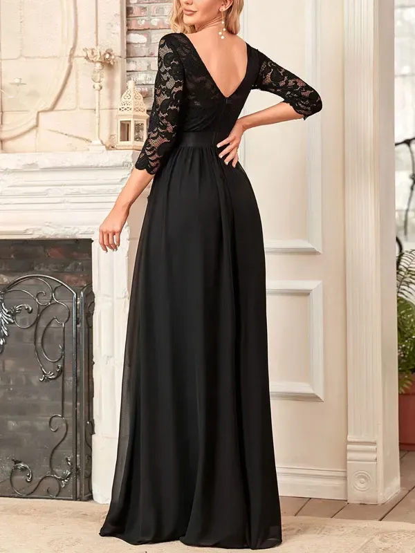 V-back Lace Bodice Chiffon Bridesmaid Dress