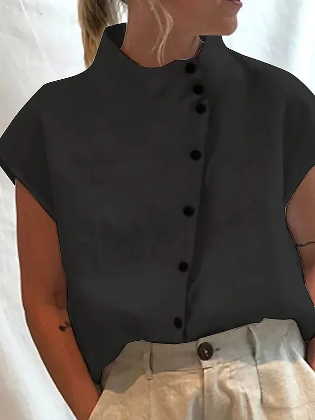 Women's Shirt Blouse Turtleneck shirt Plain Light Blue Black White Button Short Sleeve Casual Fashion Basic Elegant Standing Collar Regular Fit