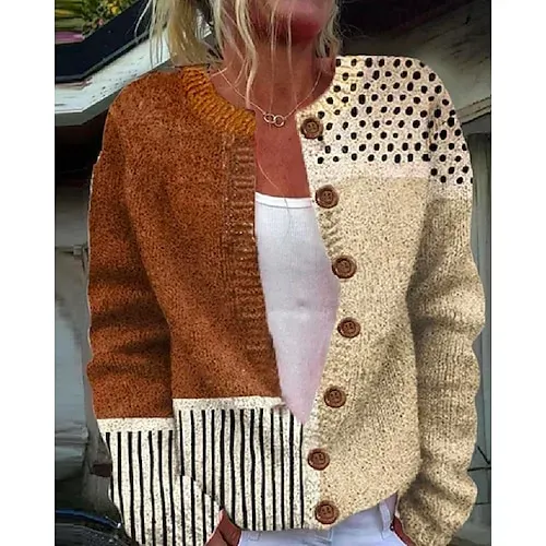 Women's Sweater Daily Graphic Crew Neck Print Long Sleeve Regular Tops Knit Weekend Beige Fall Winter