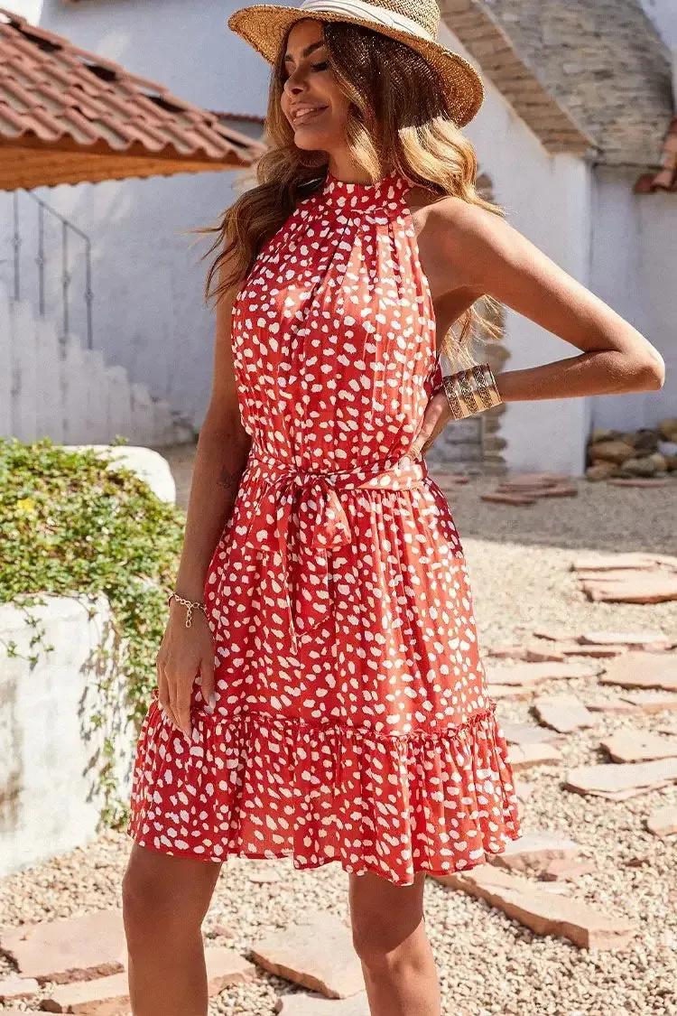 Halter Neck Summer Loose Sleeveless  Ruffle Belt Boho Floral Dress