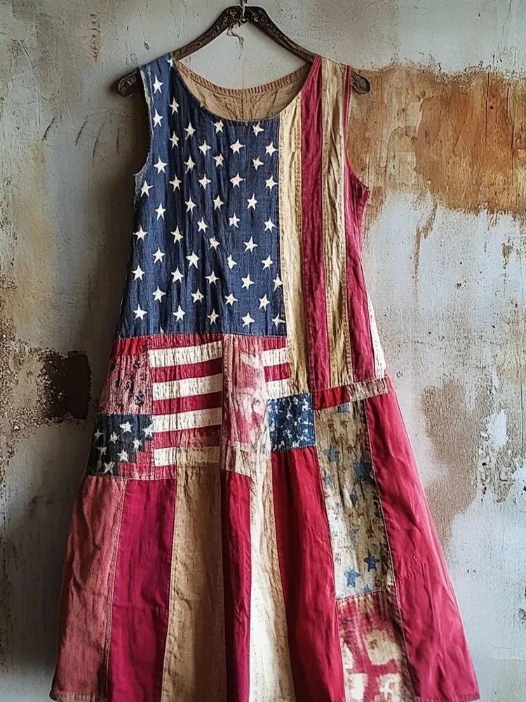 Vintage American Flag Patchwork Linen Tank Dress