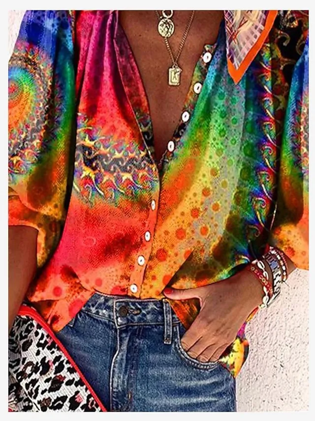 Women's Shirt Blouse Yellow Orange Graphic Button Print Long Sleeve Casual Daily Basic Neon & Bright V Neck Regular Fit Fall & Winter