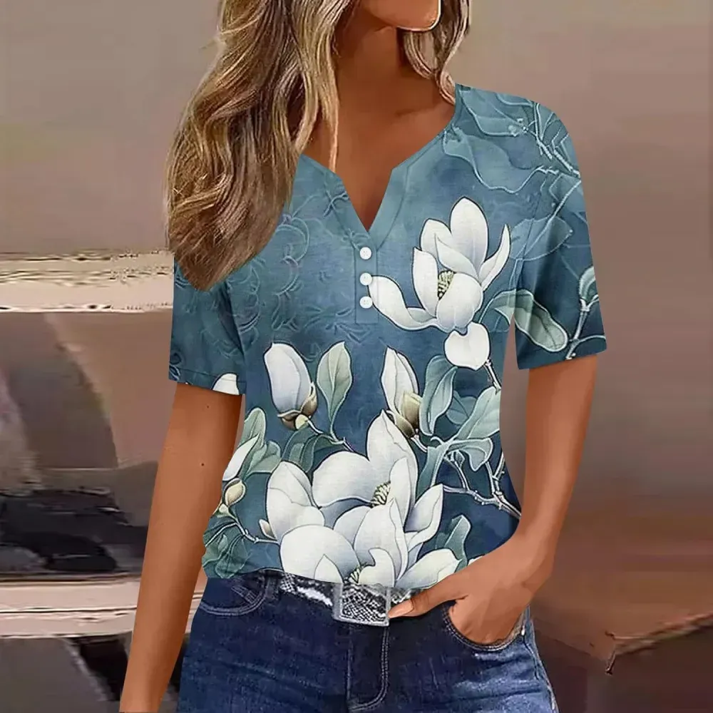 Shirts for Women Casual Printed Summer Tops Short-Sleeved Button V-Neck Tops Blouse Fashion Boho T-Shirts