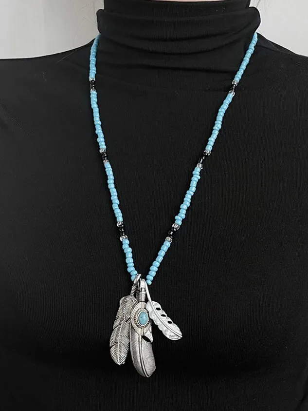 Vintage Feather Eagle Claw Pendant Necklace Women Boho Bead Necklace Sweater Chain