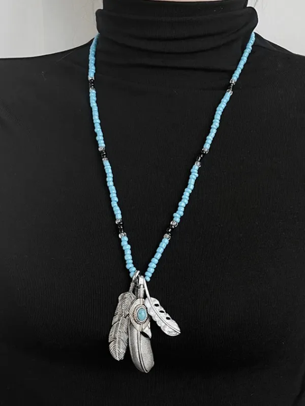 Vintage Feather Eagle Claw Pendant Necklace Women Boho Bead Necklace Sweater Chain
