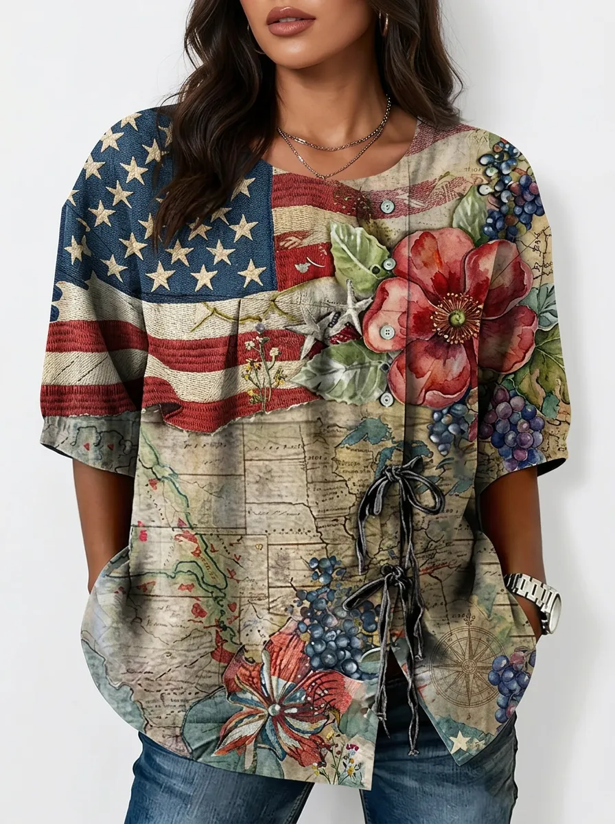Women's Nashville USA Flag Floral Map Printed Button-up Top