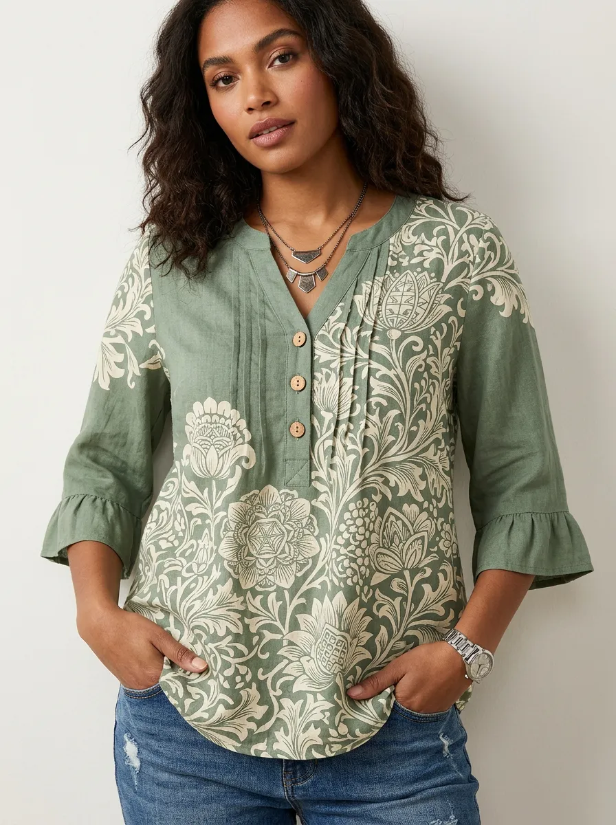 Women's Nashville Floral Damask Printed V-Neck Top