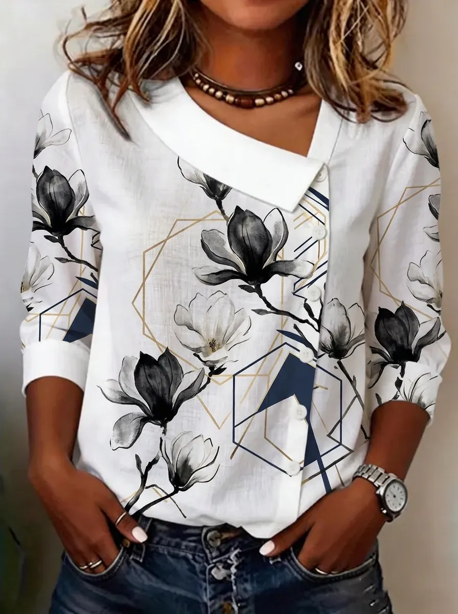 Women's Nashville Floral Geometric Printed Asymmetric Button Top