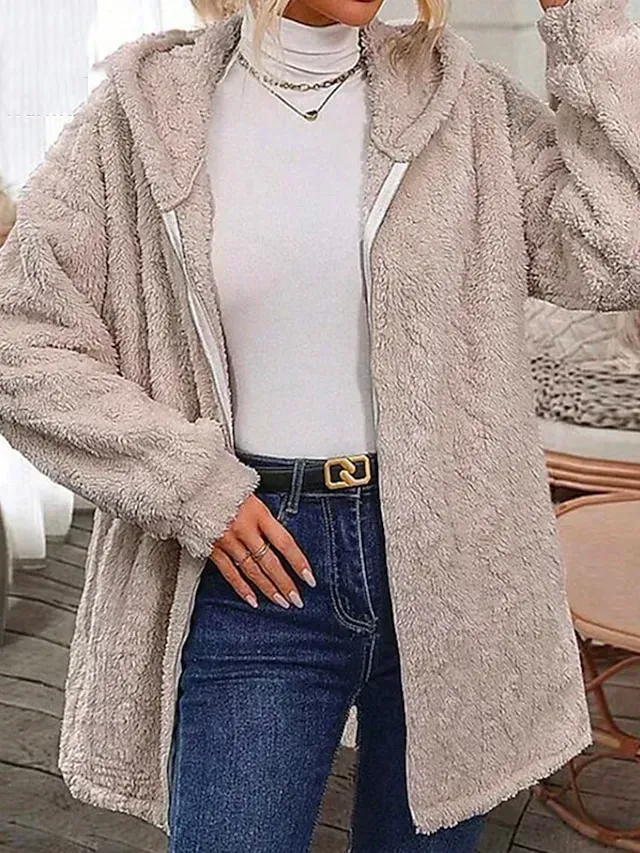 Women's Teddy Coat Fleece Sherpa Jacket Thermal Warm Open Front Hoodie Jacket Winter Coat Windproof Heated Jacket Outerwear Long Sleeve Fall White Cream