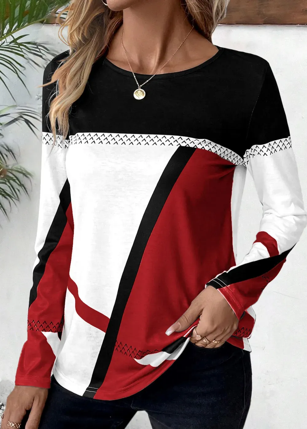 Wine Red Patchwork Geometric Print Long Sleeve T Shirt