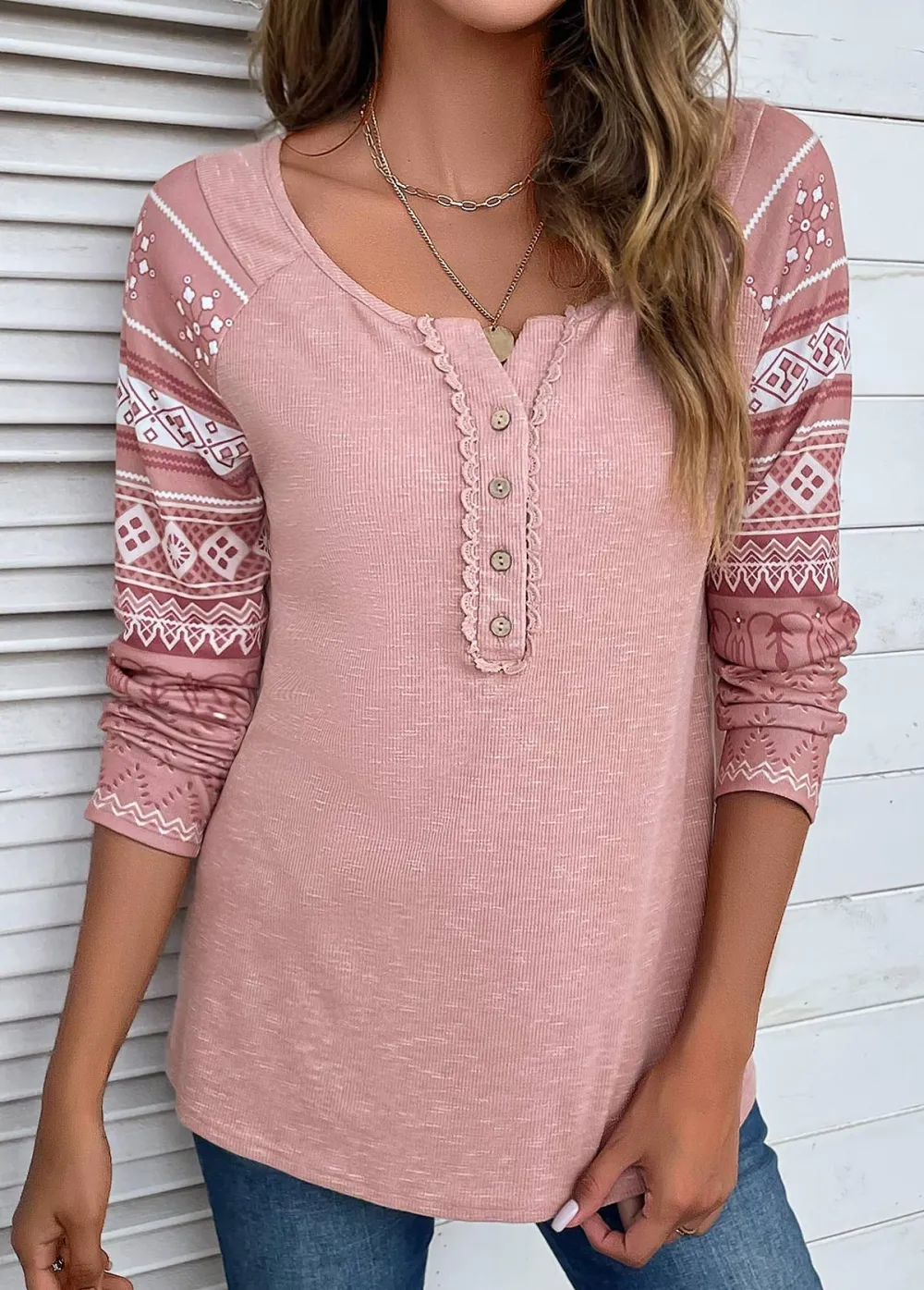 Pink Lace Tribal Print Long Sleeve T Shirt