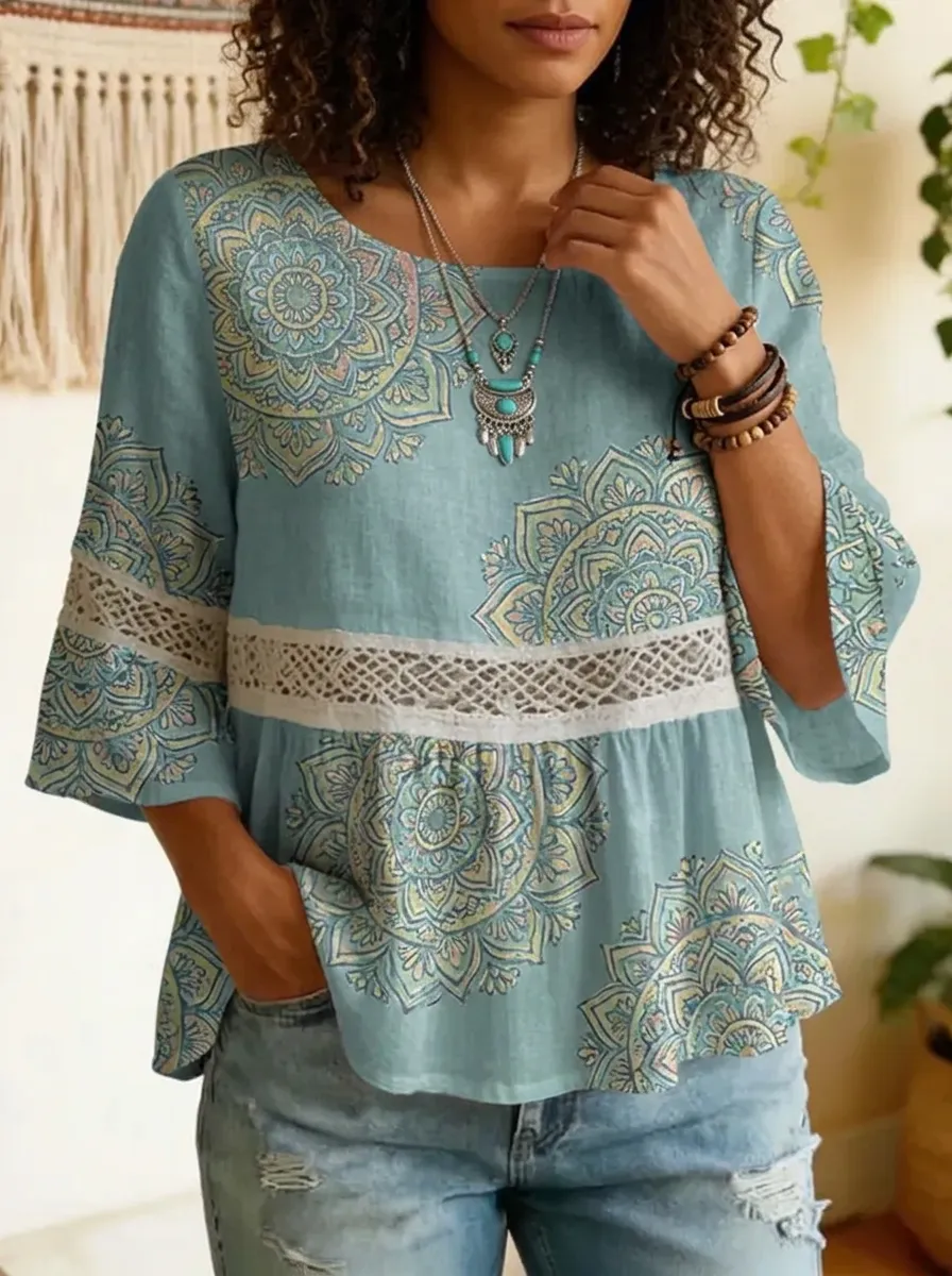 Women's Nashville Bohemian Mandala Printed Lace Trim Top