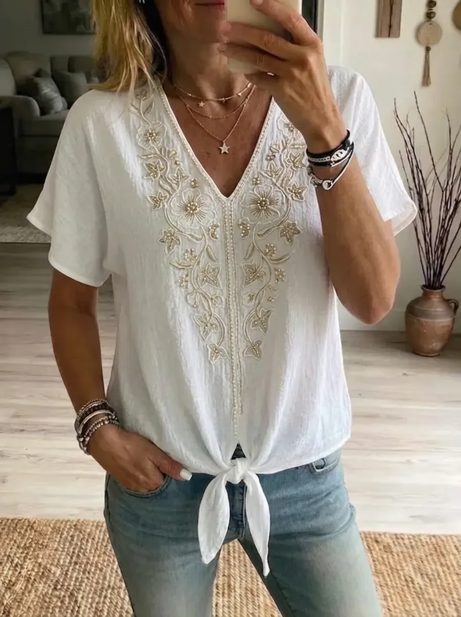 Women's Nashville Floral Embroidery Printed V-Neck Tie-Front Top
