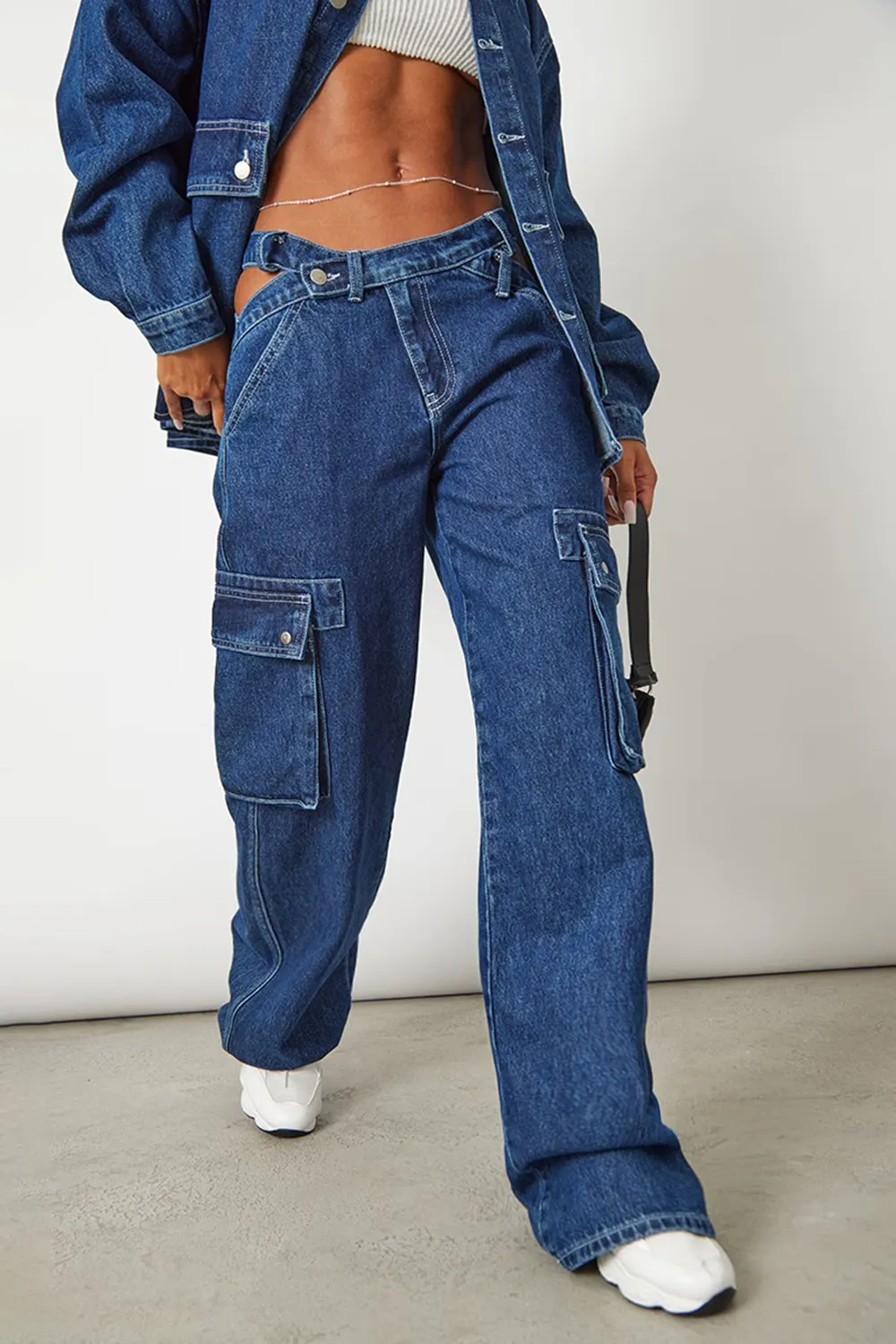 Dark Blue Wash Cut Out Asymmetric Waistband Cargo Jeans