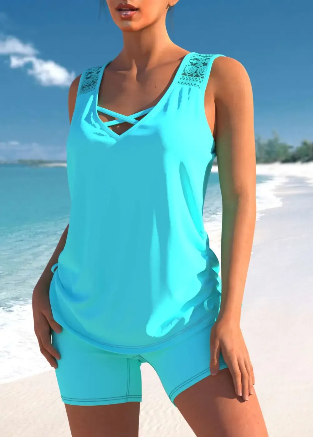 Floral Print Black Cross Strap Tankini Set