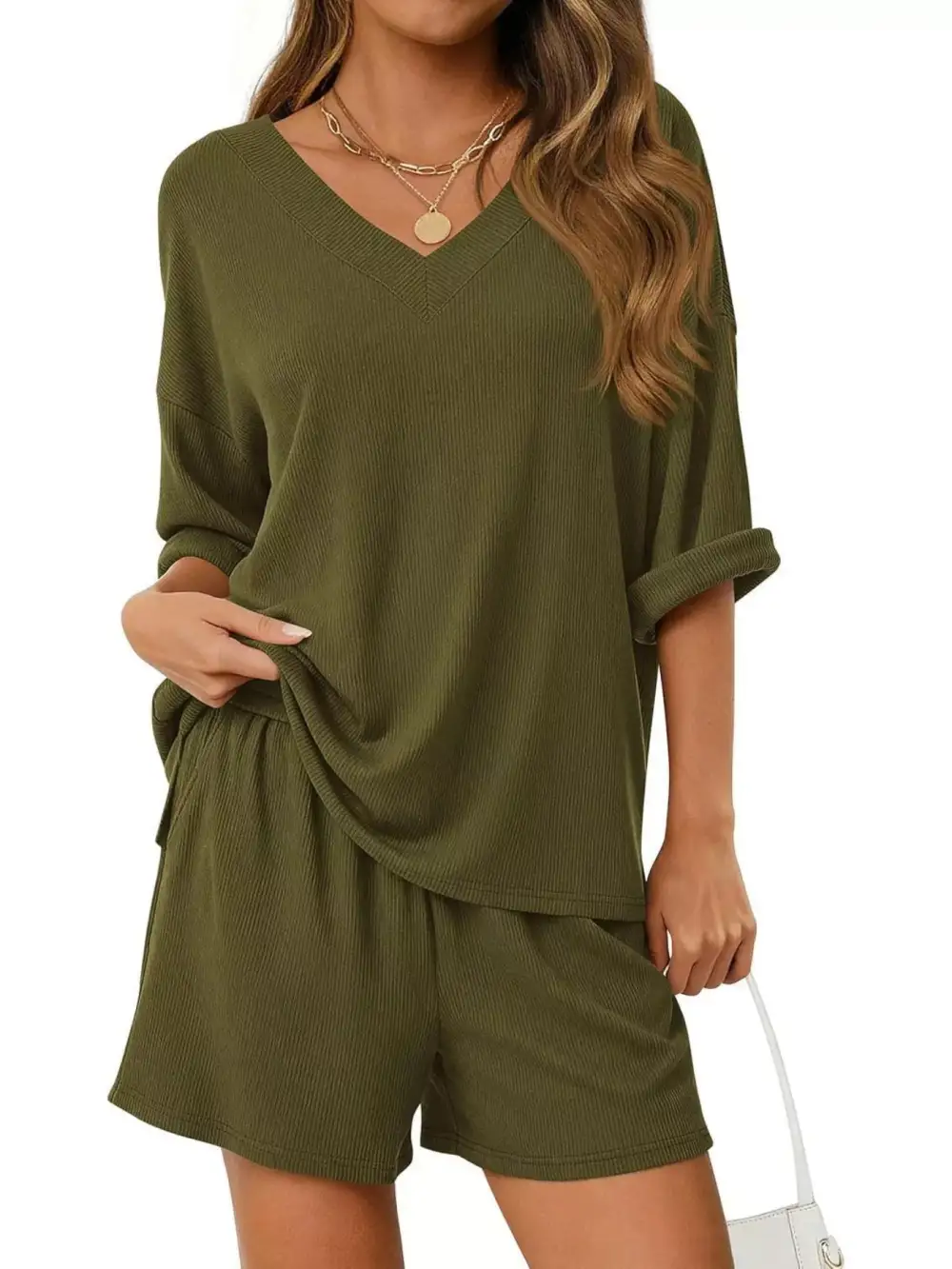 Casual V Neck Top Shorts Set