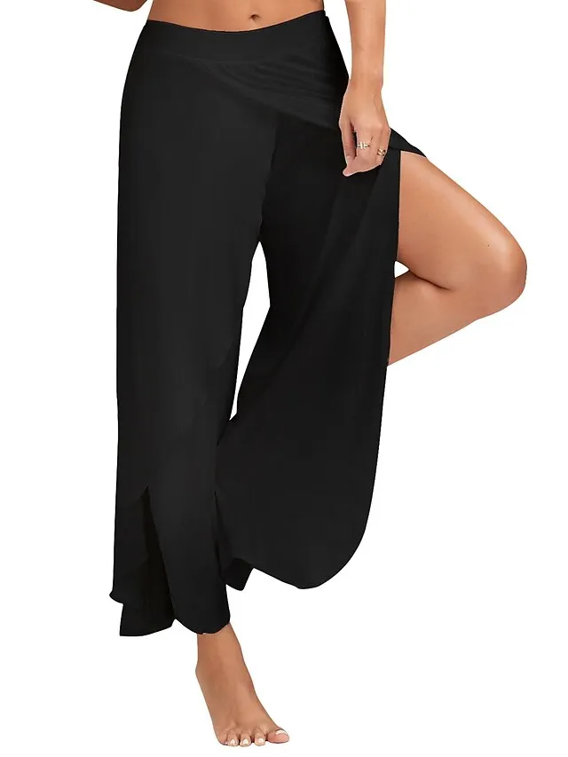 Women's Culottes Wide Leg Wide Leg Chinos Ruffle Layered Stretchy Mid Waist Basic Casual / Sporty Casual Daily Black White S M Summer Spring &  Fall