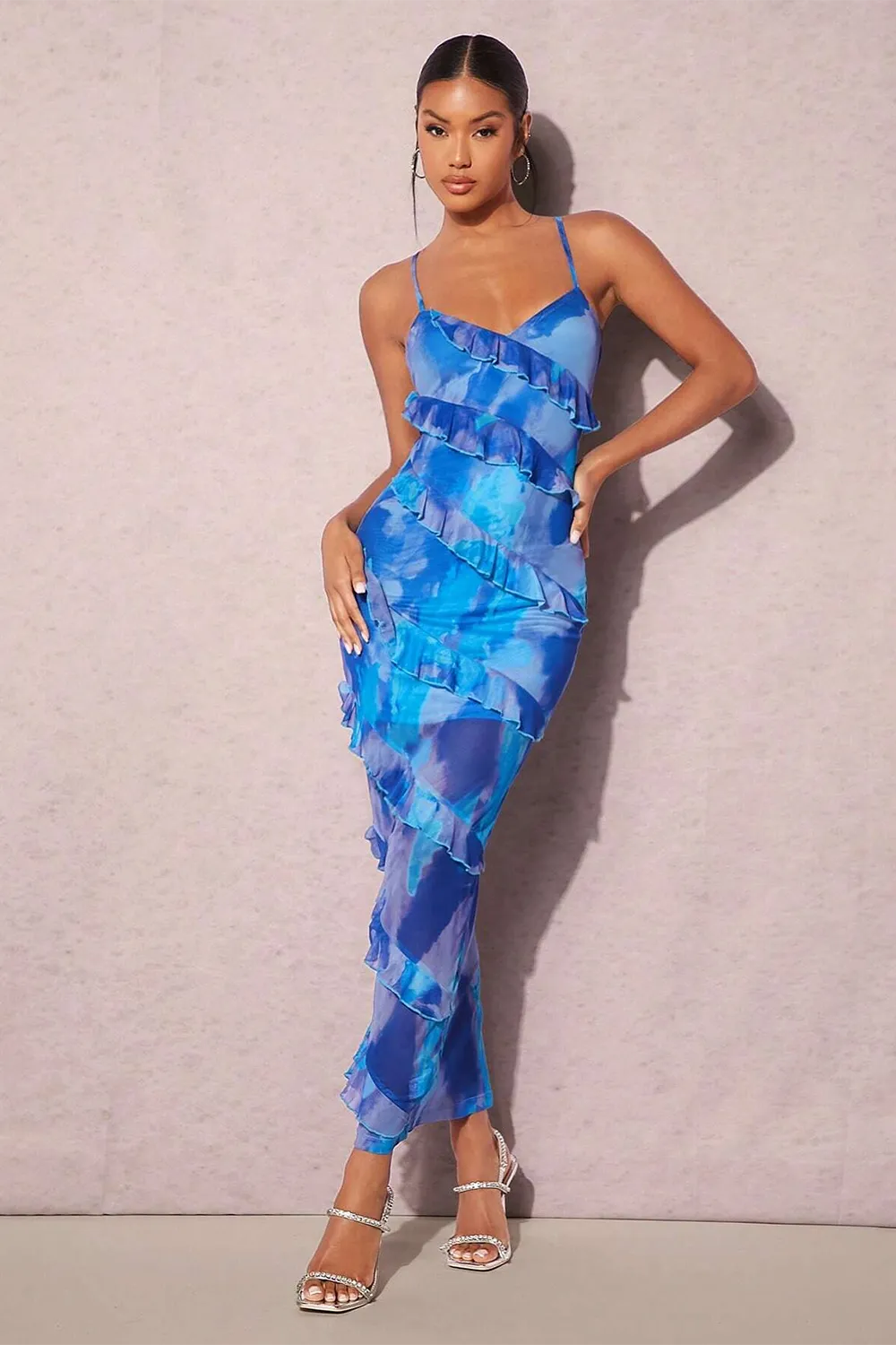 BAE Tie Dye Ruffle Trim Crisscross Backless Ruche
