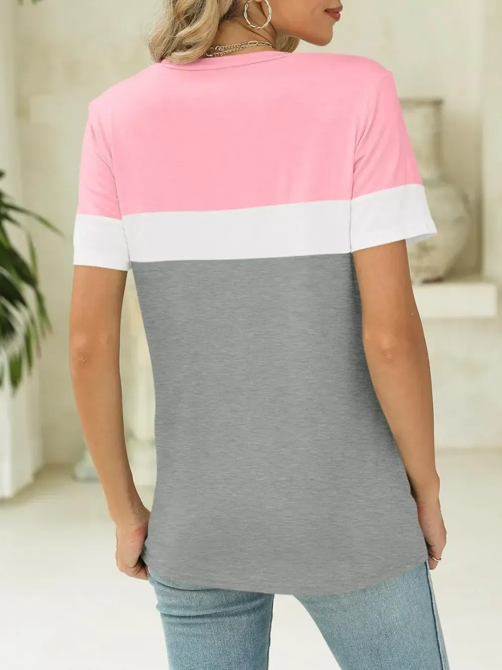 ORANDESIGNE Women's Color Block Short Sleeve T Shirts Casual V Neck Summer Tops Tees Loose Fit Blouses