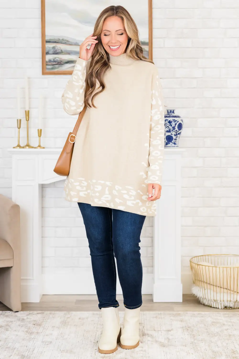 Time To Walk Away Sweater Tunic, Taupe-White